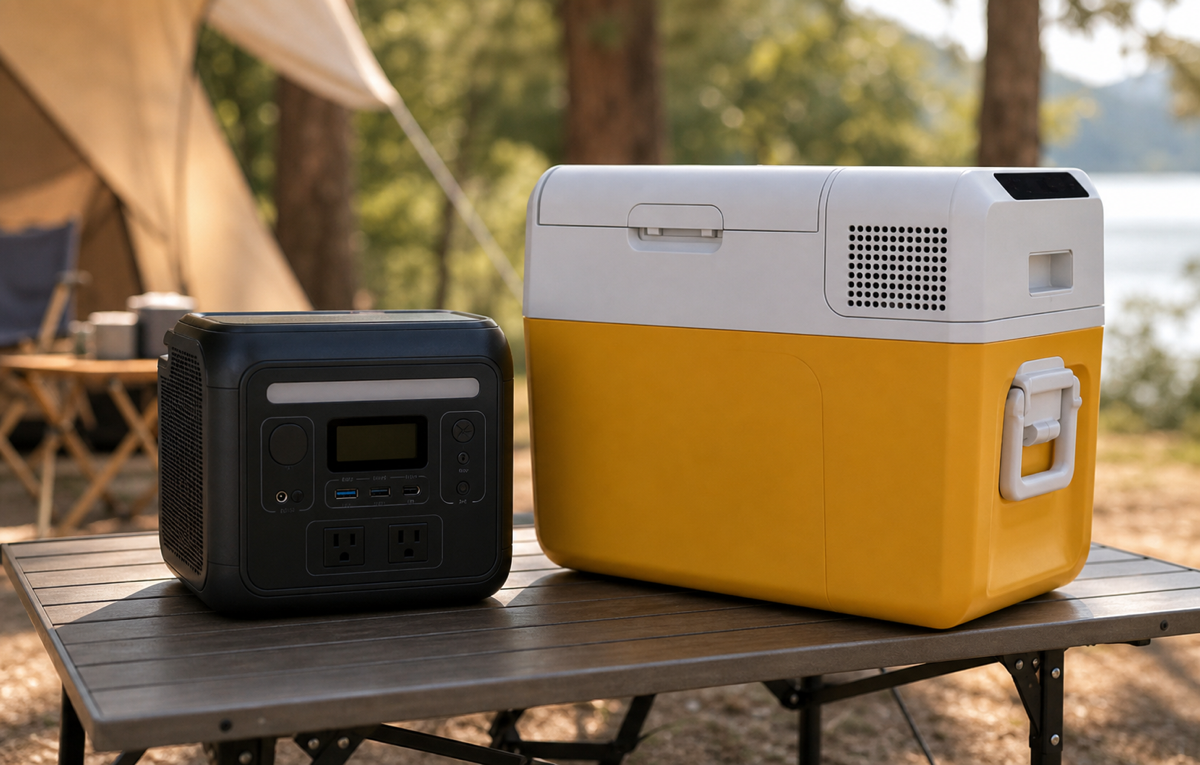 Powerstation und Kompressor-Kühlbox auf einem Campingtisch im Freien